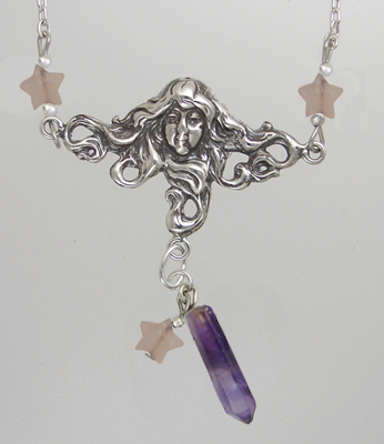 Sterling Silver Woman Maiden of the Morning Star Necklace With Amethyst And Rose Quartz Stars